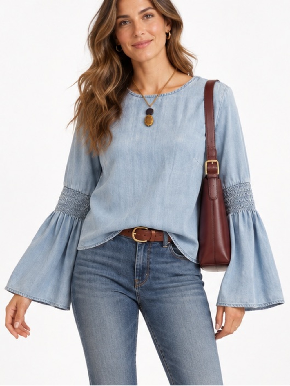 Beachlunchlounge BLL Blue Chambray Tunic Blouse Bell Sleeves Boho Chic Small